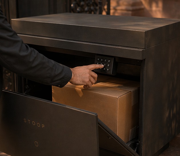A courier pressing the recessed keypad beneath the upper lip of the Stoop to open the main compartment, with a large box placed inside.