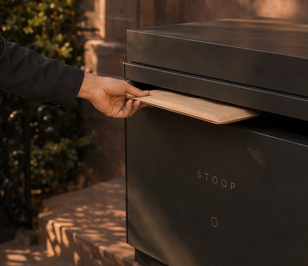 A courier slipping a padded mailer through the secure front slot of the Stoop, which drops the parcel safely into the locked compartment below.